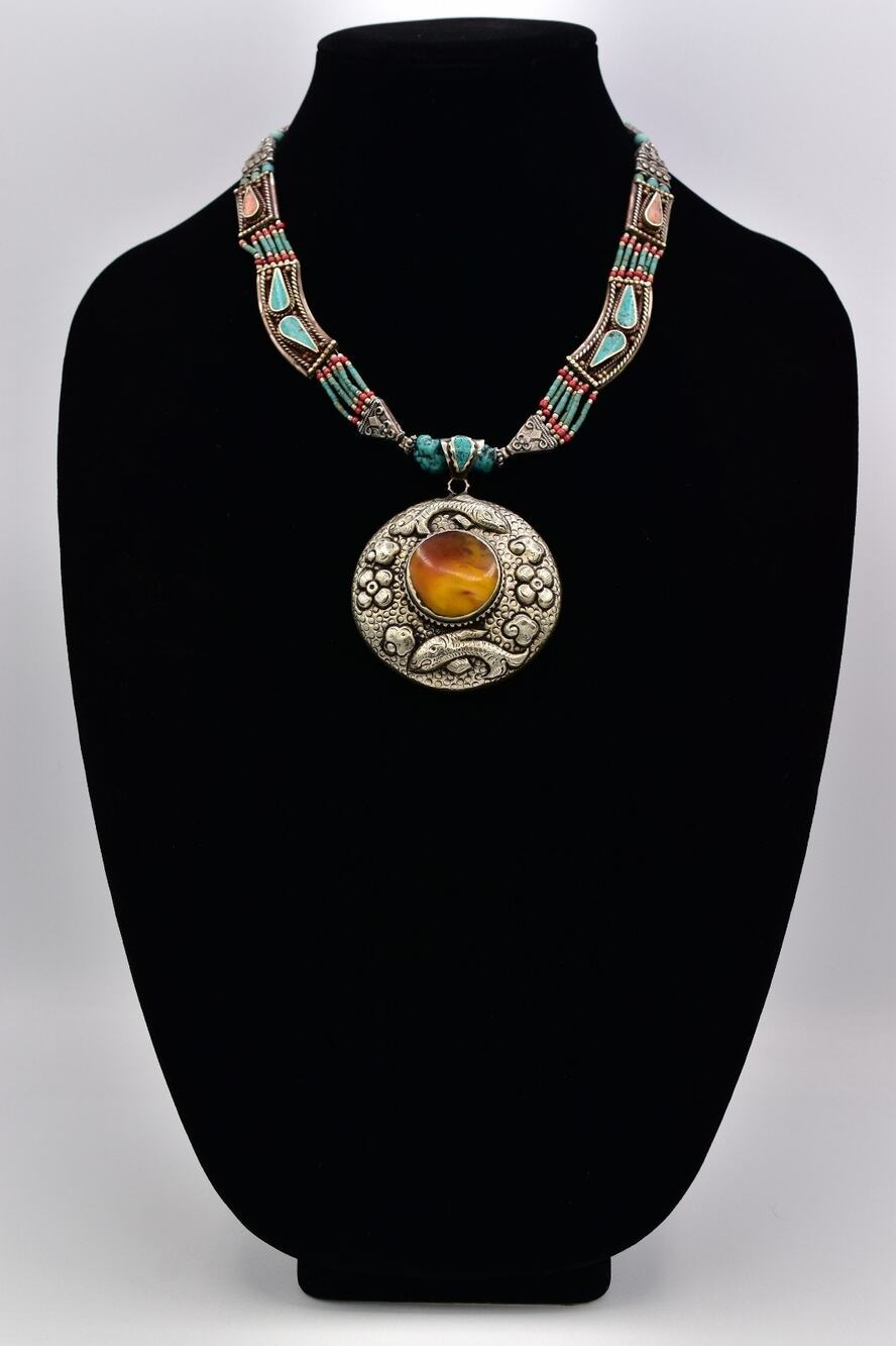 Vintage Statement Tibetan Koi Fish Necklace Turquoise Beaded Heavy Chunky BinBN